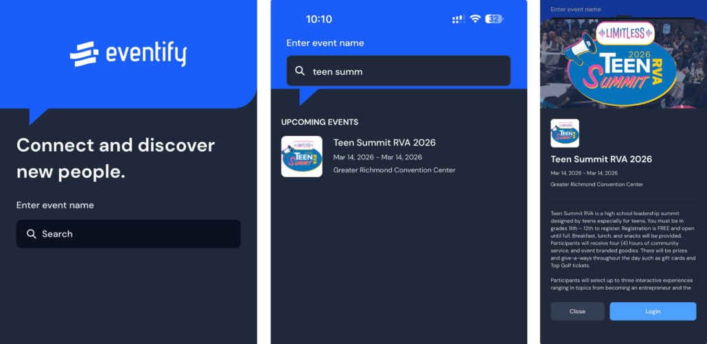 Eventity mobile app instructions. Search for Teen Summit RVA 2026.